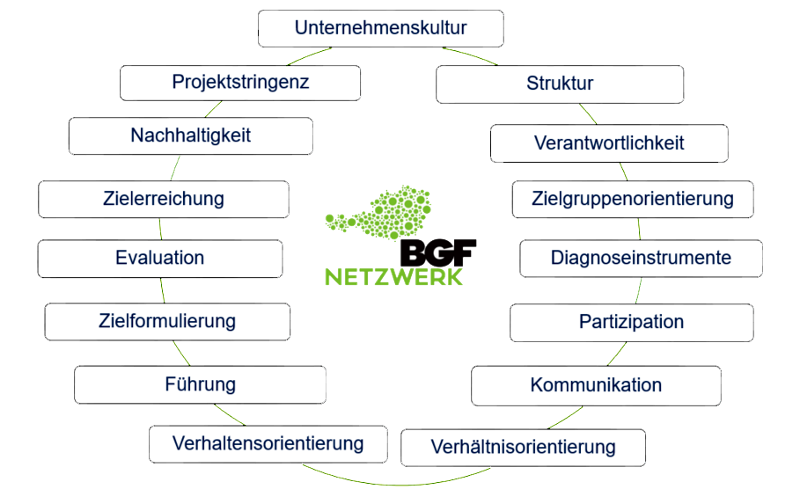 Unternehmenskultur, Struktur, Verantwortlichkeit, Zielgruppenorientierung, Diagnoseinstrumente, Partizipation, Kommunikation, Verhältnis- und Verhaltensorientierung, Führung, Zielformulierung, Evaluation, Zielerreichung, Nachhaltigkeit, Projektstringenz