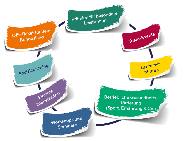 &Ouml;ffi-Ticket f&uuml;r dein Bundesland; Pr&auml;mien f&uuml;r besondere Leistungen; Team-Events; Lehre mit Matura; Betriebliche Gesundheitsf&ouml;rderung; Workshops und Seminare; Flexible Dienstzeiten; Sozialcoaching
